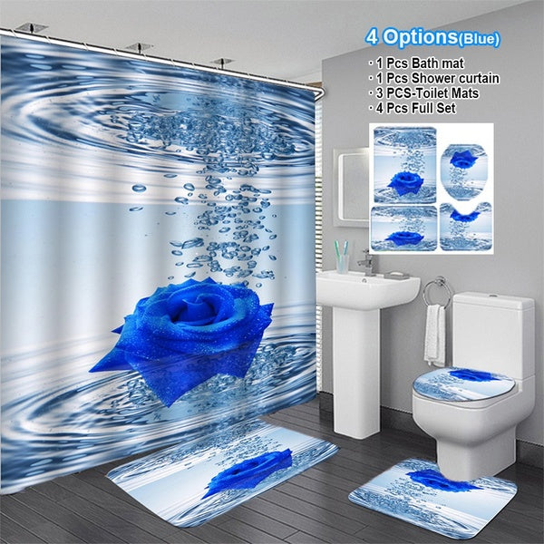 Shower Curtain Set Decro Blue Rose Flower Print Shower Curtain Set Bathroom Bathing Screen Anti-slip Toilet Lid Cover Carpet Rugs Home Decor 4 Option