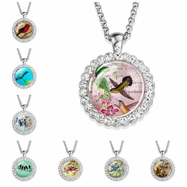 Colibri collier Cardinal oiseau Art photo verre strass pendentif couleur argent chaîne mignon oiseau bijoux pour femmes hommes