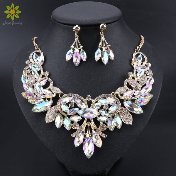 Indian Bridal Jewelry Sets Wedding Party Costume Jewellery Women Fashion Gifts Leaves Crystal Necklace Earrings Sets