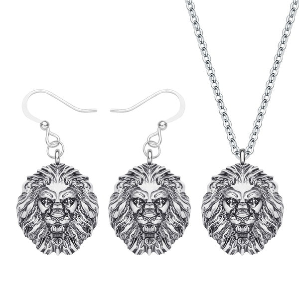 Alliage plaqué argent Antique tête de Lion ensembles de bijoux boucles d'oreilles collier Mental Animal bijoux pour femmes adolescents fille charmes