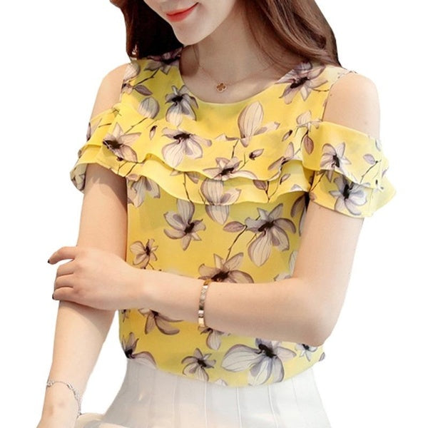 Women Chiffon Blouses Shirts Summer Floral Print Off Shoulder Tops Fashion Ladies Short Sleeve Blusas Casual Female Clothing