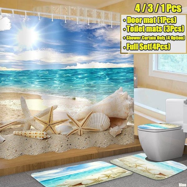 1-3-4 PCS Summer Bathroom Washroom Beach Seashell Printed PEVA Shower Curtain Anti-Slip Toilet Mats Set Mildew-proof Waterproof Shower Curtain Bathro