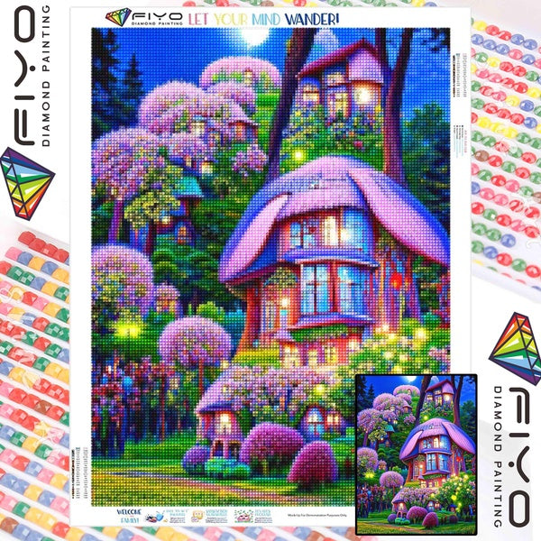 FIYO Pink House Diamond Painting Kits For Adults DIY 5D Diamond Mosaic Diamond Painting Home and Kitchen Fashion Canvas Pictures Wall Decoration Gift