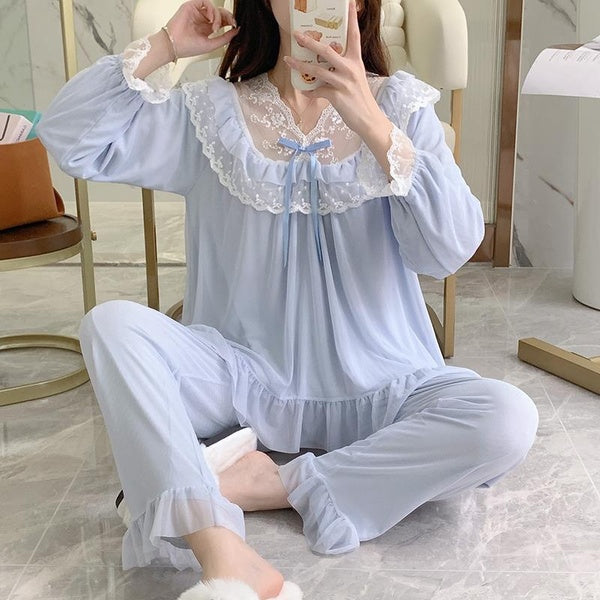 Women's 2Pcs-set Retro Court Style Pajamas Set Ladies Long Sleeve Ruffle Night Soft Lace Casual Sleepwear (4 Colors)