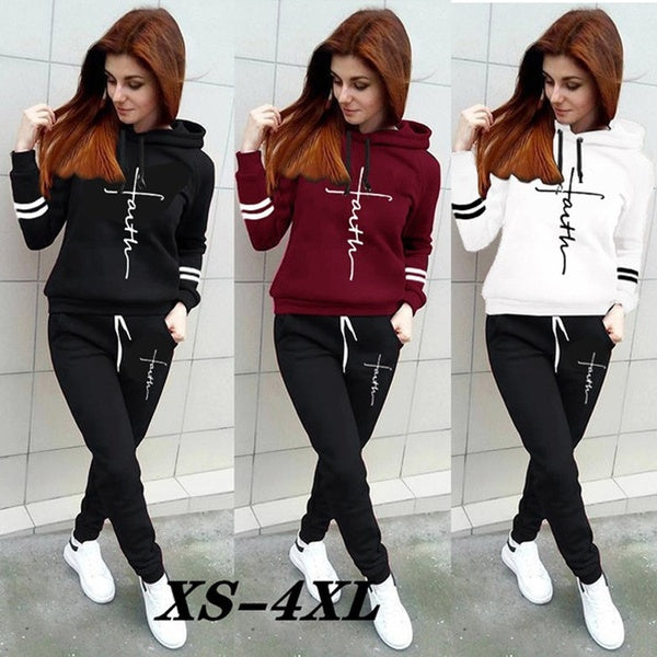 Personnalité Femmes Vêtements Casual Sweats À Capuche À Manches Longues + Pantalon Ensemble Fitness Imprimé Foi Survêtements pour Femmes