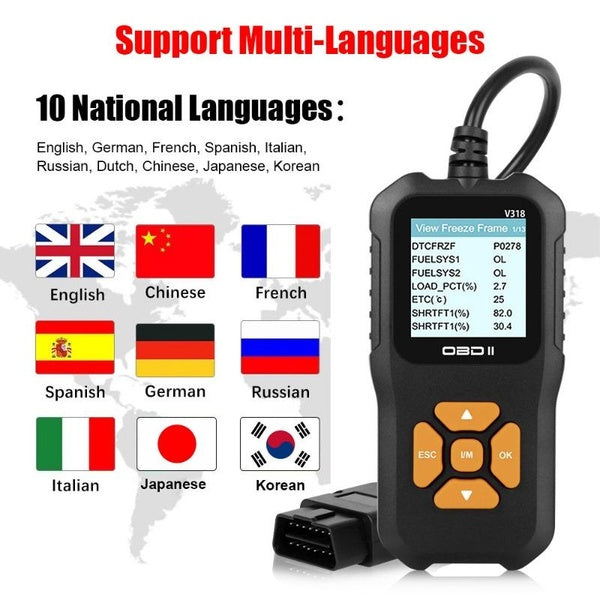 V318 OBD2 Scanner Color Screen Supports Automobile Fault Diagnosis Instrument in 10 Languages.