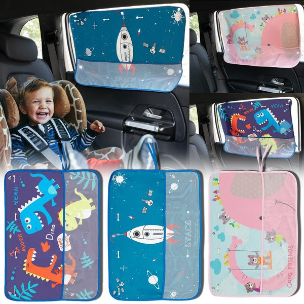 Car Sun Shade Cover Cartoon Side Window Curtain Sunshade Visor Heat Shield UV Protector For Kid Baby Children W- Storage Net