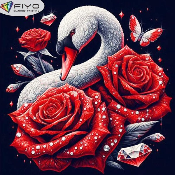 FIYO DIY 5D Rose Swan Diamond Painting Full Drill with Number Kits Home and Kitchen Fashion Mosaic Diamond Painting Canvas Wall Decoration Gift Craft