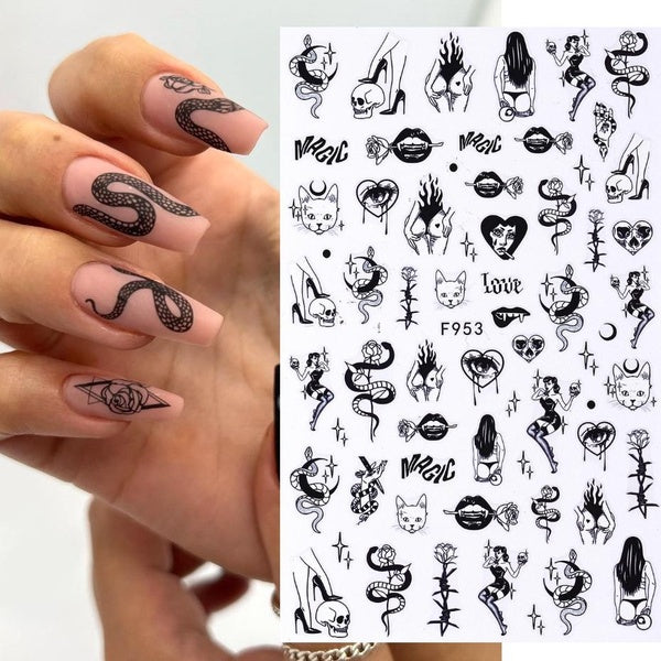 3D Nail Stickers Black Evil Eye Tiny Skull Ghost Flower Design Sliders For Halloween Manicure Nail Art Decoration