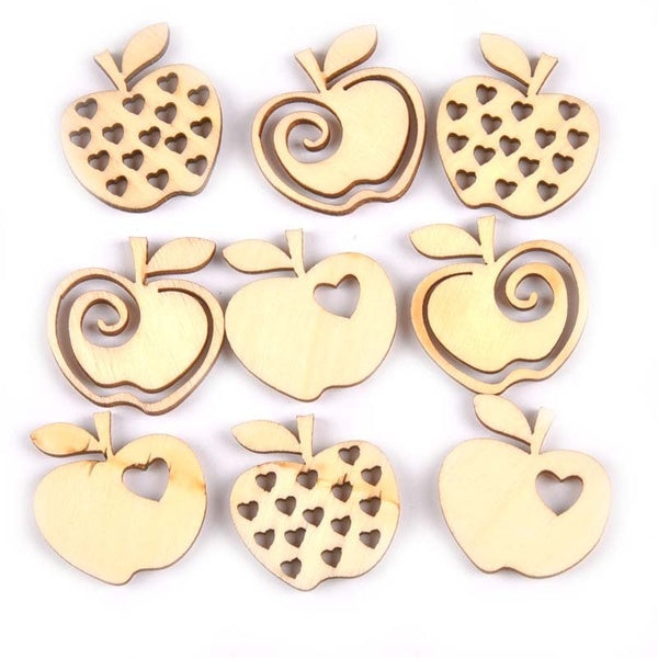 50pcs bois artisanat mixte pomme motif évider embellissements en bois pour faire la décoration de la maison bricolage Scrapbooking 25x28mm MT1778