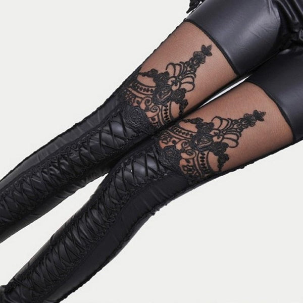 Fashion Women Lace-up Faux PU Leather Lace Leggings Tights Pants