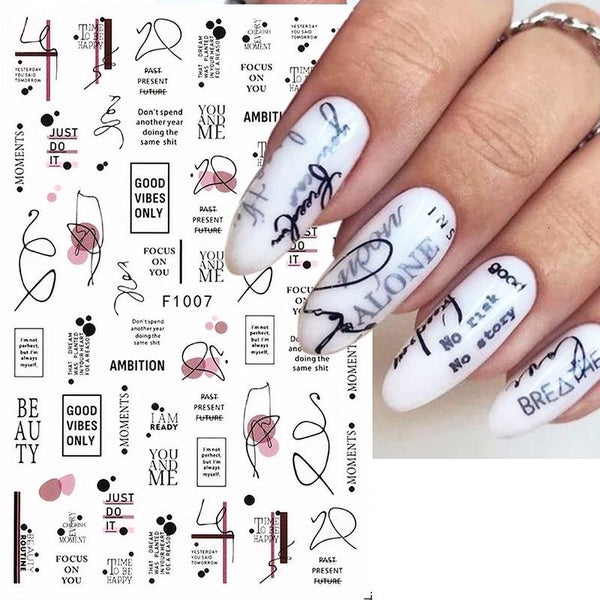 Black Letters Nail Sticker English Words Nail Decal Butterfly Flower Geometry Lines Watercolor Marble Sliders for Manicure