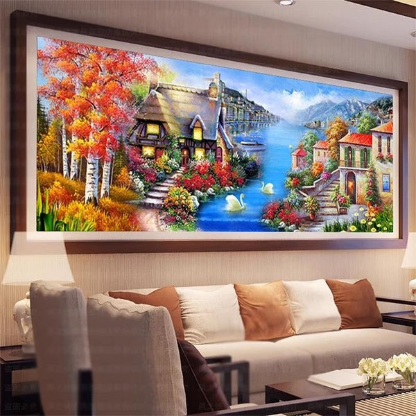 Diamond Mosaic Landscape Seaside Cottage Diy Diamond Painting Full Round Drill For Home Decoration Without Stretcher 120x50cm