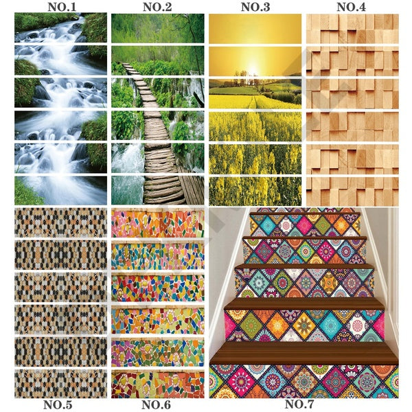 6 - 13PCS Removable Stairs Sticker Natural Scenery Step Self-Adhesive Ceramic Tiles Wooden PVC Stair Wallpaper Decal Vinyl Stairway Home Decoration