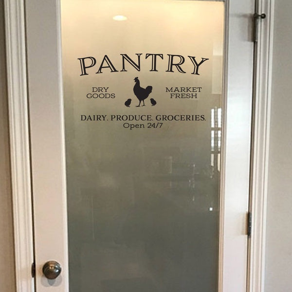 Pantry, Dry Goods, Market Fresh, Dairy Produce Groceries, Open 24-7, Glass door Wall Decal decor Sign, Kitchen Door, Chicken rooster