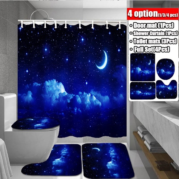 3D Printing Navy Blue Starry Sky and Moon Pattern Bathroom Decoration Waterproof Bathroom Shower Curtain Mats Rugs Set Non-Slip Bathroom Carpets Toil
