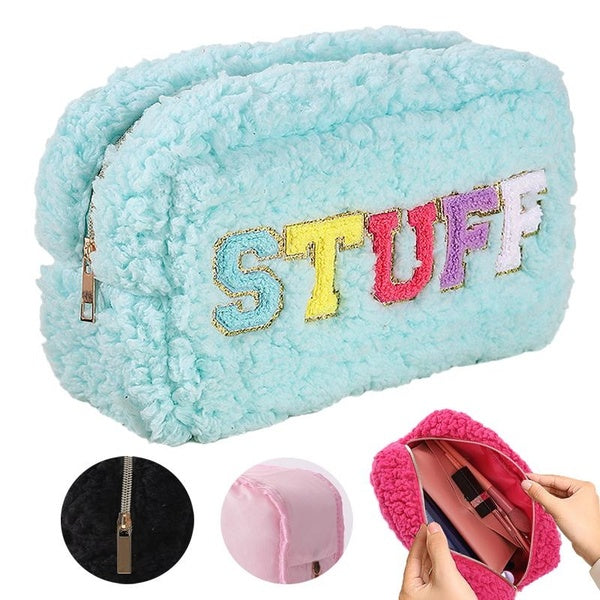 Plush Embroidery Portable Travel Makeup Bag, Large Capacity Zipper Cosmetic Organizer Bag, Letter Simple Waterproof Wash Bag, Best Gift For Mother's