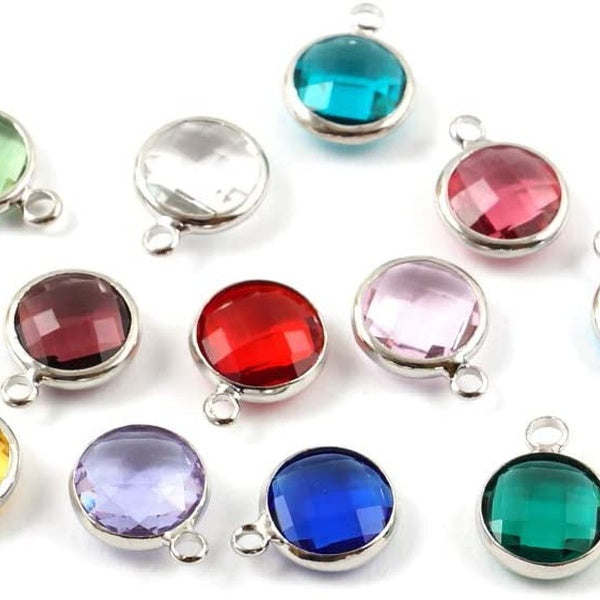 1 Set Mixed Dangle Birthstone Charms 6mm Crystal Beads Sterling Silver Plated Brass (12pcs) for Jewelry Craft Making