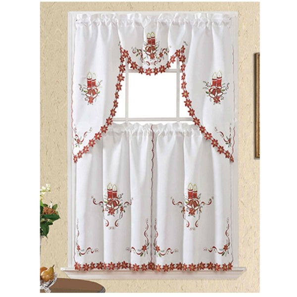 3pcs Christmas Embroidered Kitchen Curtain-Cafe Curtain Set ( Swag valance of about 60" wide x 36" long - 2pcs tiers of about 30" wide x 36" long eac