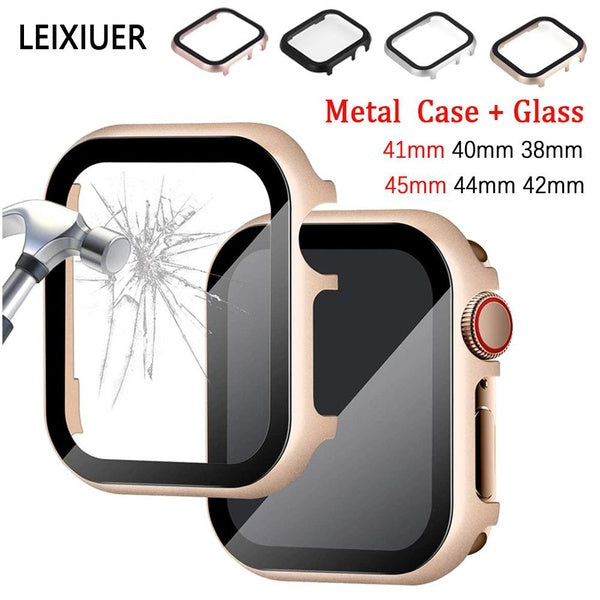 LEIXIUER Aluminum Case for Apple Watch series 7 SE 6 5 4 3 2 1 Metal Bumper with Tempered Glass Screen Protector for iWatch 41 mm 45 mm 44mm 40mm 42m