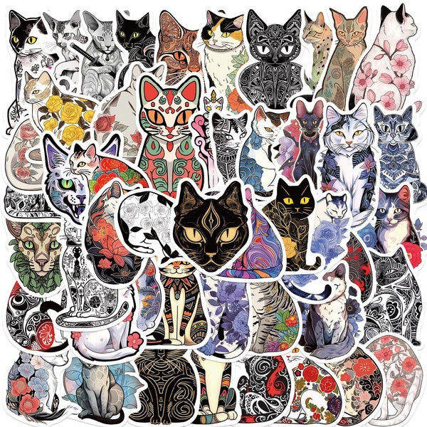 10-50Pcs Cartoon Tattoo Cat Stickers Mysterious Cat Graffiti Stickers for DIY Luggage Laptop Skateboard Motorcycle Bicycle Stickers