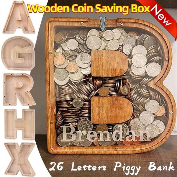 Tirelire en bois de 26 lettres, boîte d'économie d'argent, pot de pièces de monnaie, boîte de rangement, décoration de bureau, décoration de maison,