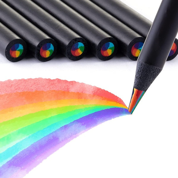 1-2-5-12 Pcs Art Supplies for Kids and Adults, 7 Color in 1 Black Wooden Rainbow Colored Pencils, Pre-sharpened, Multicolored Core, with Sharpener, f
