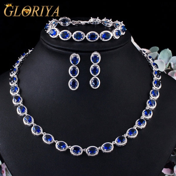 Gloriya Vintage bijoux robe accessoires pavé de haute qualité bleu Royal CZ charme ovale collier Bracelet et boucles d'oreilles ensemble