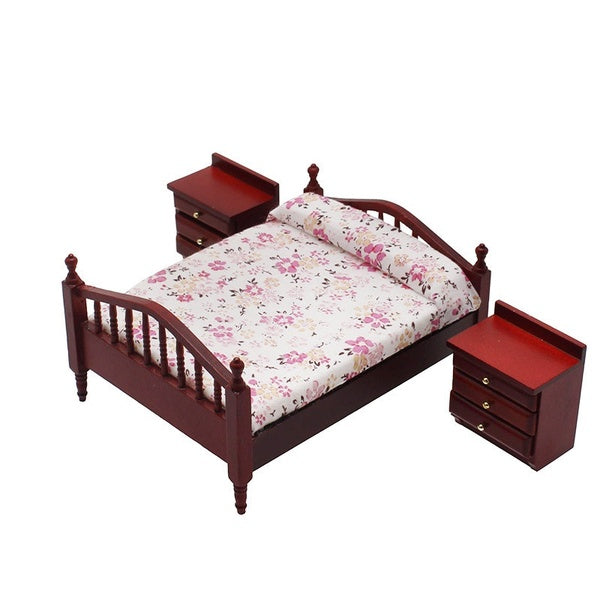 New Fashion Miniature Dollhouse Accessories 1:12 Bedroom Furniture Wooden Double Bed Scale Model