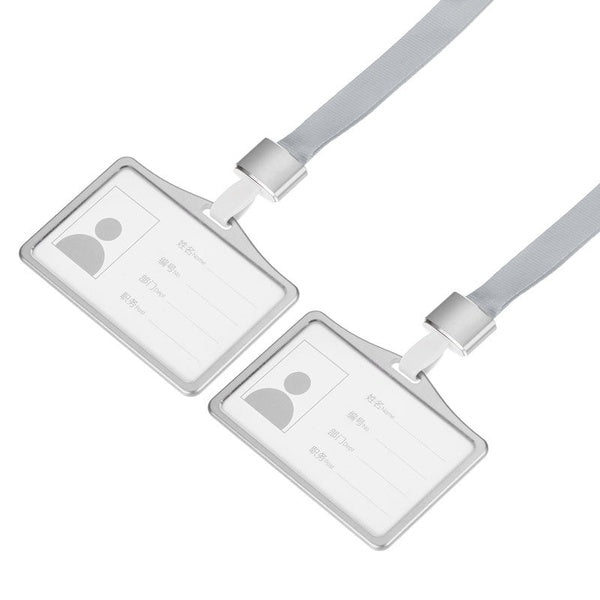 Badge Holders 9.2x6.5cm Horizontal Aluminum ID Holder with Metal Hook Detachable Neck Lanyard, Silver Tone Pack of 2