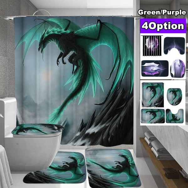 1pcs-3pcs-4PCS Flying Green- Purple 3D Dragon Waterproof Bathroom Shower Curtain Toilet Cover Bath Mat Non-Slip Rug with 12 Hooks Household Supplies