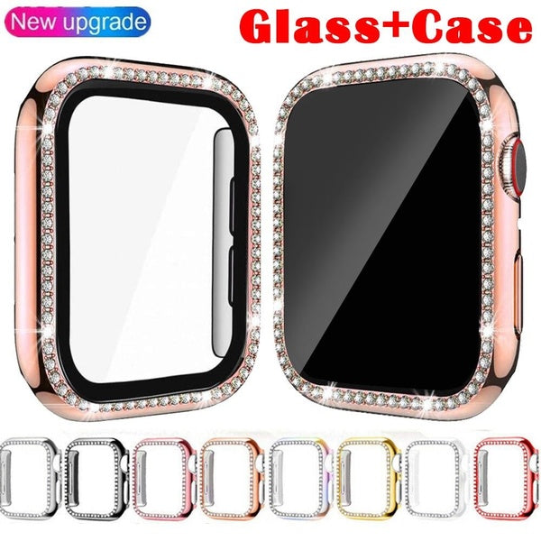 Case+Glass Film for Apple Watch Series 10 42mm 46mm 9 8 7 41mm 45mm 44mm 40mm 42mm 38mm Diamond Cover with Screen Protector for IWatch Series 6 SE 5