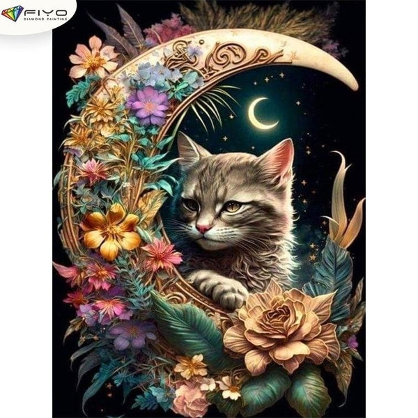 FIYO Cat and Moon DIY 5D Diamond Painting Full Drill with Number Kits Home and Kitchen Fashion Mosaic Diamond Painting Canvas Wall Decoration Gift Cr