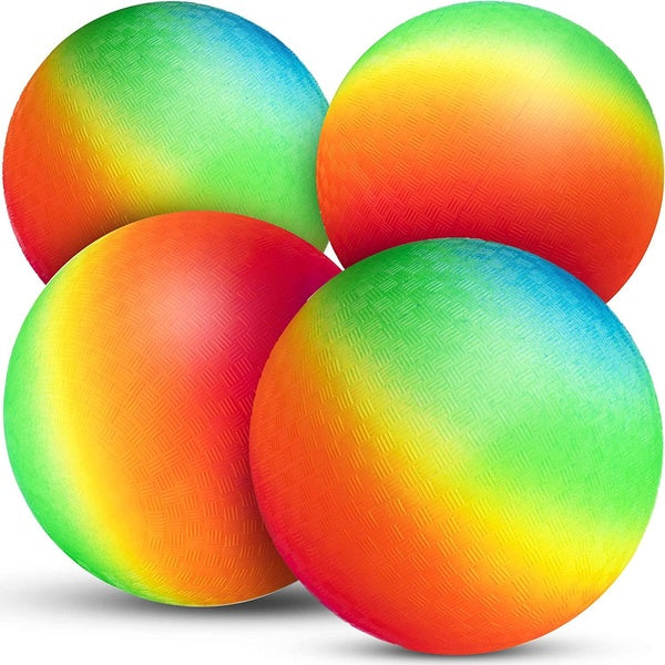 Rainbow Playground Balls with pump 8.5Inch Rubber Bouncy Inflatable Balls for Kids and Adults, Indoor and Outdoor Games, Kickballs, Dodgeball (4Pack)