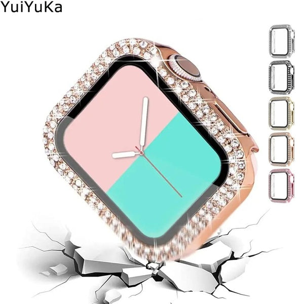 YuiYuKa Diamond PC Case with Tempered Glass for Apple Watch Series 9 8 7 41mm 45mm 6 SE 40mm 44mm 38mm 42mm,Women Accessories Cover +Screen Protector