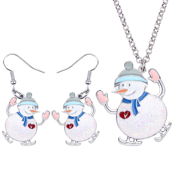 Enamel Alloy Christmas Anime Skiing Snowman Jewelry Sets Necklace Earrings Drop Dangle Decorations Jewelry Accessory For Women Girl Teens Kids Charms