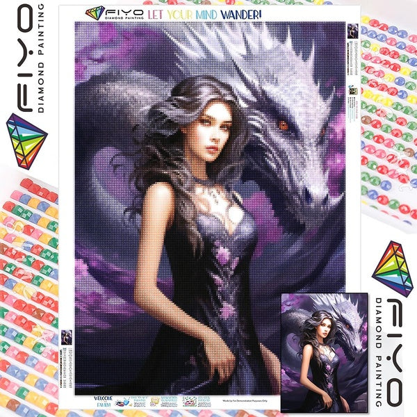 FIYO DIY 5D Dragon and Woman Diamond Painting Full Drill with Number Kits Home and Kitchen Fashion Mosaic Diamond Painting Canvas Wall Decoration Gif