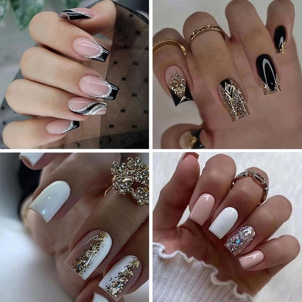 Glitter Gradient Short Square False Nails Pink Wearable Fake Nails Gold Glitter Sequins Decor Press on Nail Ballet Full Cover Artificial Nail Tip