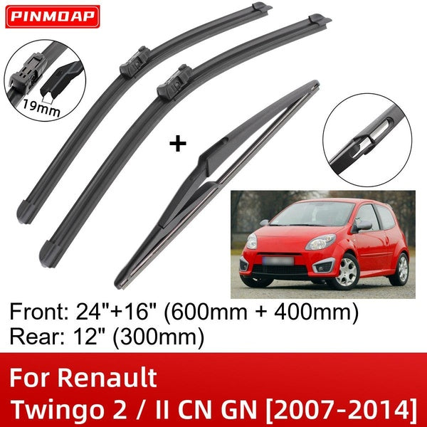 Car Wiper Blades For Renault Twingo 2 - II CN GN 2007-2014 24" 16" 12" Front Rear Wiper Blades Brushes Cutter Accessories 2007 2008 2009 2010 2011 20