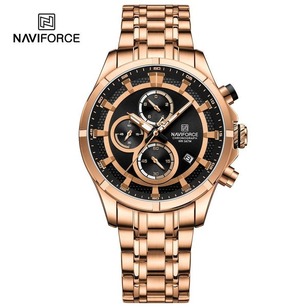 NAVIFORCE Marque 8046 Mode Luxe Bracelet en acier inoxydable Montres à quartz Date Pointeur lumineux Étanche Montre-bracelet chronographe pour hommes