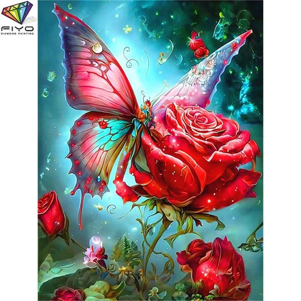 FIYO Butterflies and Flowers DIY 5D Diamond Painting Full Drill with Number Kits Home and Kitchen Fashion Mosaic Diamond Painting Canvas Wall Decorat
