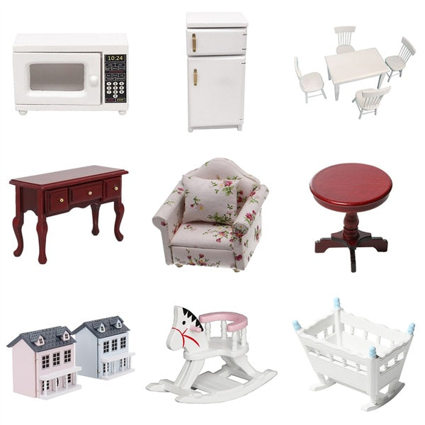 1:12 Scale Dollhouse Mini Wooden Furniture Mini Table Chairs Refrigerator Microwave Oven Baby Cradle Doll House Miniatures Scene Kids Toy