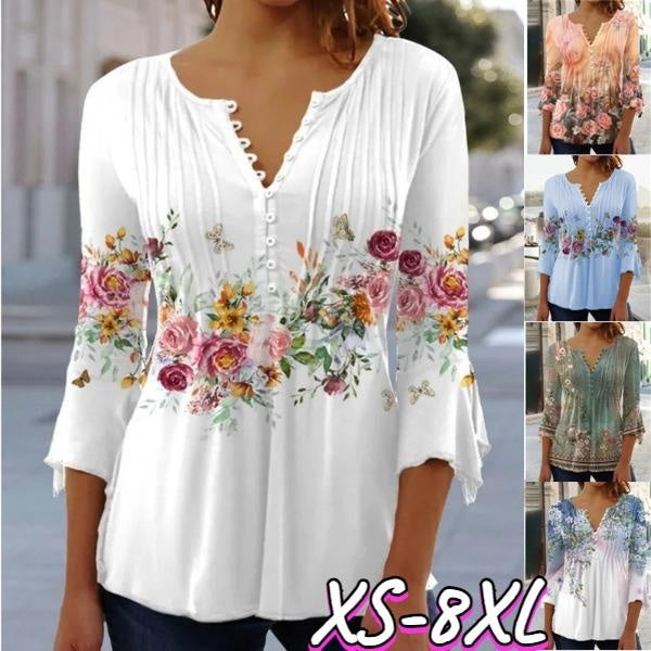 New Fashion Summer Women's Fashion Loose Casual Flare Sleeve Floral Printed Button V-Neck Cotton Shirt & Blouses Elegant Tops