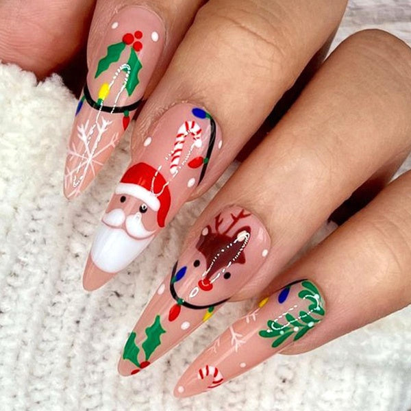24pcs Christmas False Nails Santa Claus Glitter Sequins Press on Nails Full Cover Detachable Xmas Tree Almond False Nail Tips