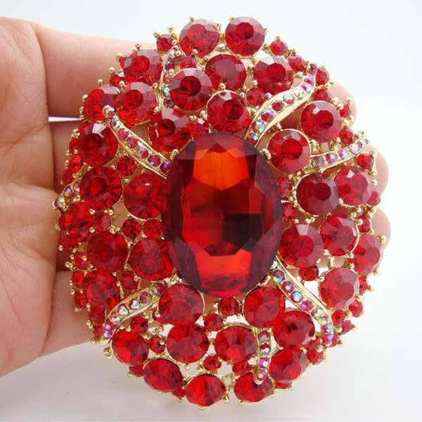 Broche ovale Art déco de Style Vintage, pendentif de mariage en strass en cristal rouge