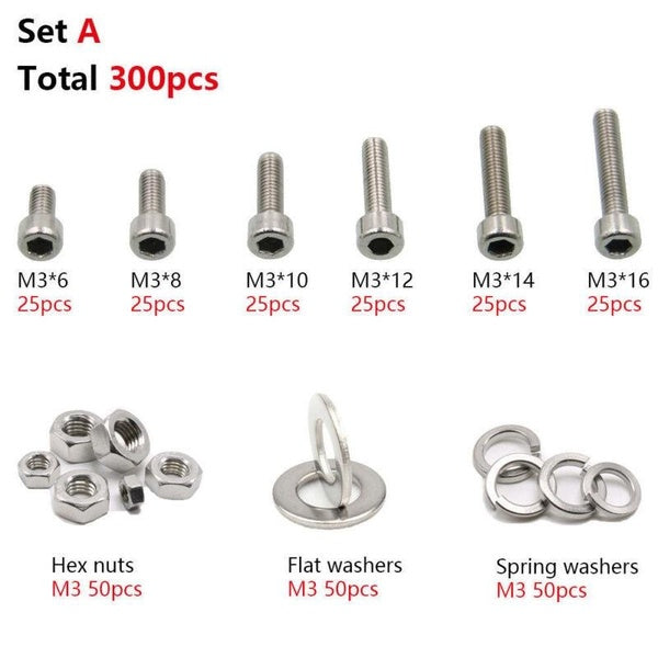 M2-M8 Stainless Steel Hex Socket Cap Head Screws with Hex Nut Washers Assortment Set