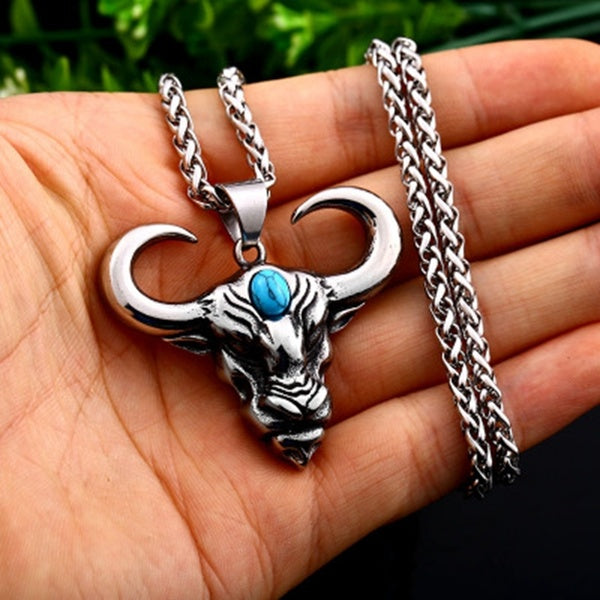 Fashion Men's Titanium Steel Turquoise Animal Bull Head Necklace Pendant Punk Jewelry