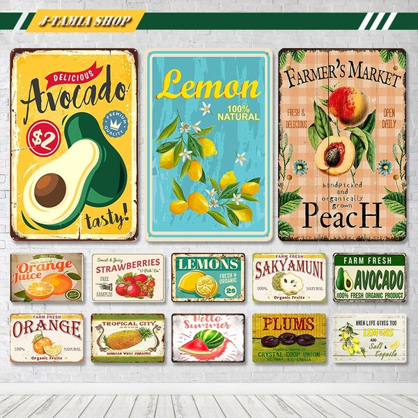 Retro Fruit Peach Lemon Farm Signs Metal Tin Signs Posters Restaurant Cafe Bar Fruit Shop Kitchen Farm Wall Decor