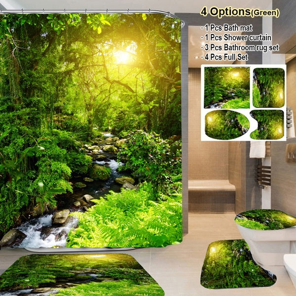3D Waterfall Scenery Waterproof Shower Curtain Bathroom Decor 1PCS Waterproof Shower Curtain+ 1PCS Non Slip Bathroom Rug + 3PCS Toilet Lid Cover Pede
