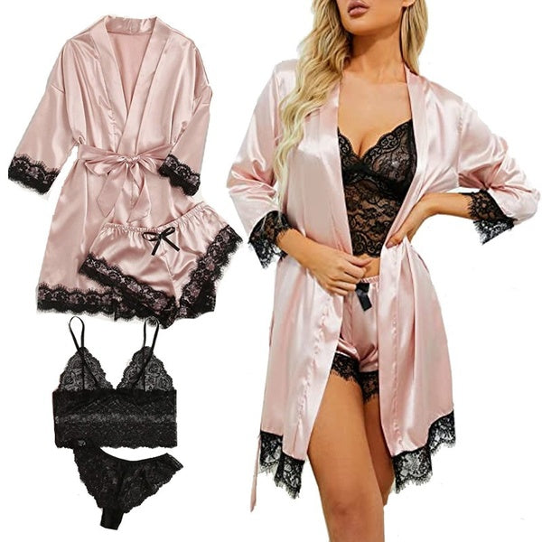 Women's 4 Pieces Satin Floral Lace Cami Top Lingerie Pajama Set with Robe